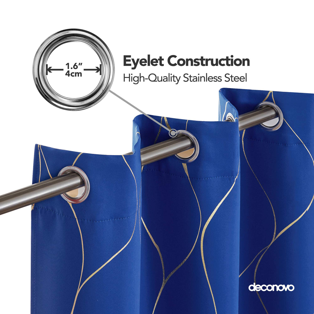 Deconovo Royal Blue Blackout Curtains 2 Panel Set for Bedroom, Thermal Insulated Grommet Room Darkening Window Drapes for Living Room, Gold Line Foil Print, 52W x 45L Inch