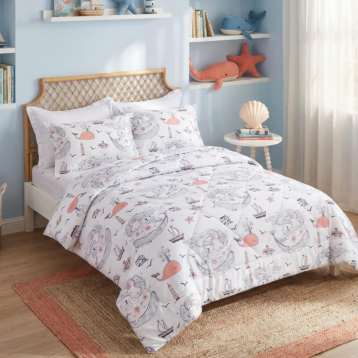 JSD Mermaid Twin Comforter Set for Girls, 2 Piece Ocean Theme Microfiber Comforter with Pillow Sham, Lightweight All Season Washable