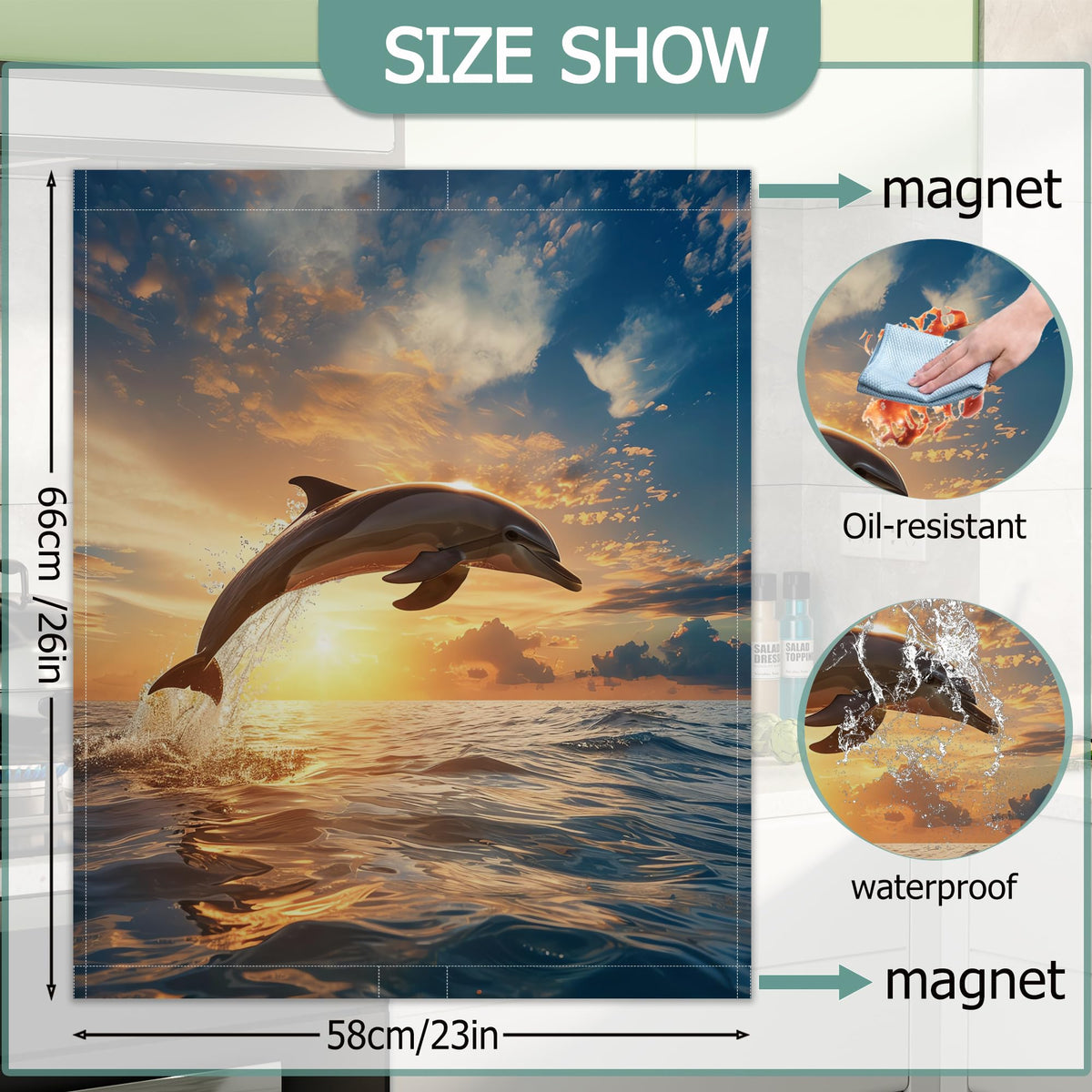 Jumping Dolphins Refrigerator Magnet Cover,Ocean Sunset Washable Dishwasher Magnets Decorative Cover,Home Kitchen Decorative Dishwasher Front Panel Cover 23x26 Inch
