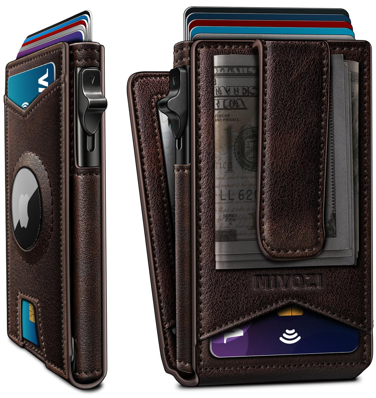 miyozi Airtag Wallet for Men Money Clip 9-Card Pop-Up Credit Card Holder with ID Window RFID Blocking Metal Case Magnetic Closure Front Pocket Wallet Gift Box