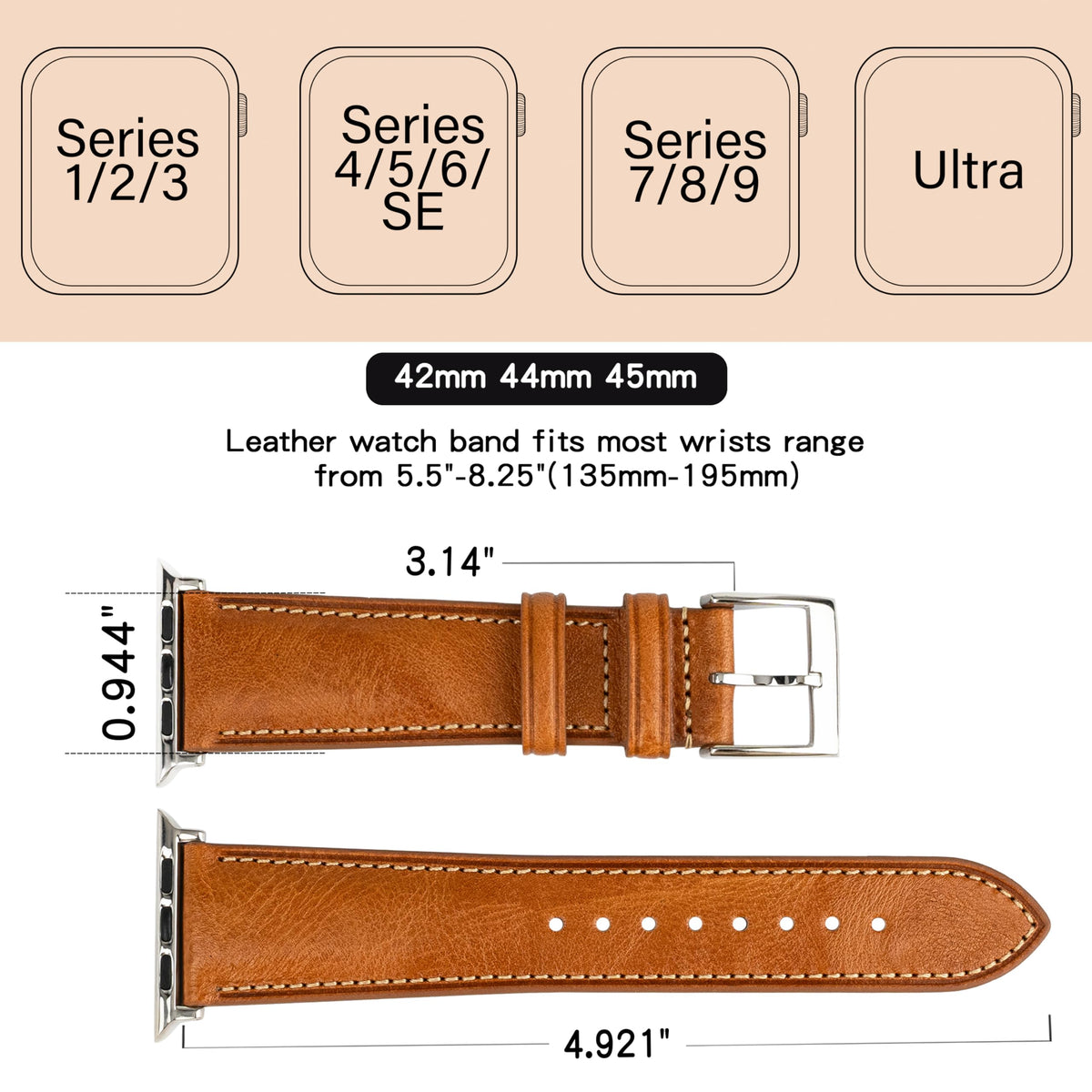 Gomvadr Leather Bands Compatible with Men's Apple Watch Band 49mm Ultra, Replacement Leather Strap for Mens iWatch Ultra 3/2/1 (Cognac/Silver, Ultra 2/1)