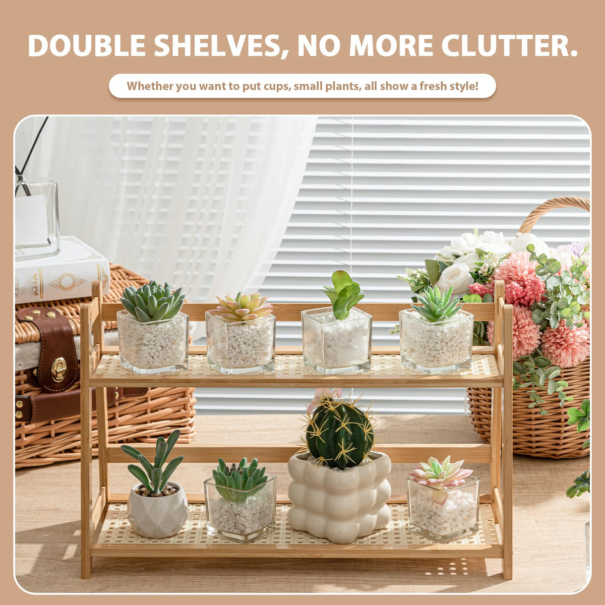 Yalikop 2 Pcs 17.7 Inch 2 Tier Matcha Station Shelf Bamboo Coffee Mug Stand Countertop Storage Rack, Double Layer Rattan Office Cup, Kitchen, Tea, Plant, Bar Accessories Condiment Display (Wood)