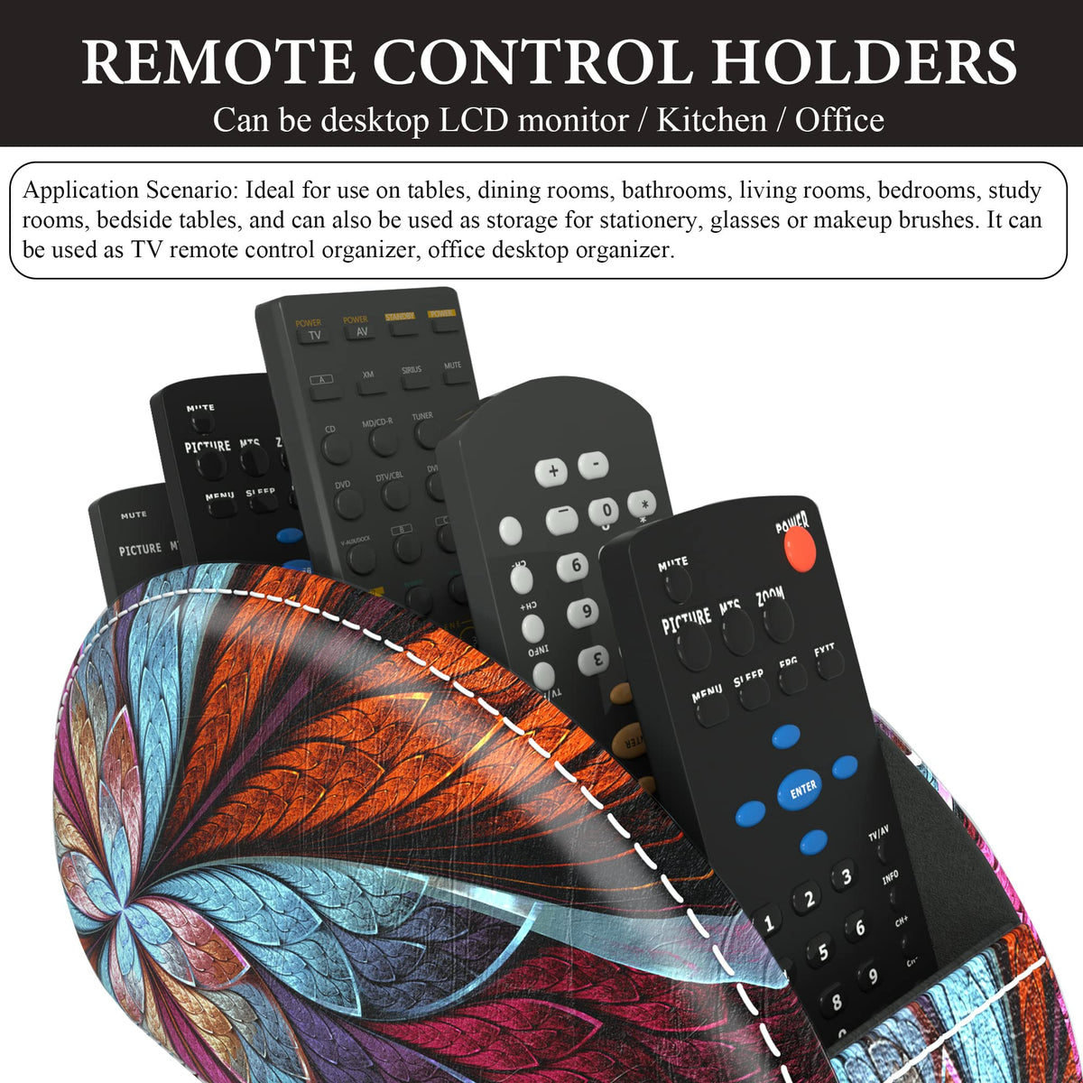 QIELIZI PU Leather Remote Caddy Desktop Organizer with 5 Spacious Compartments for TV Remotes/Media Controllers/Office Supplies (Fractal Flower)
