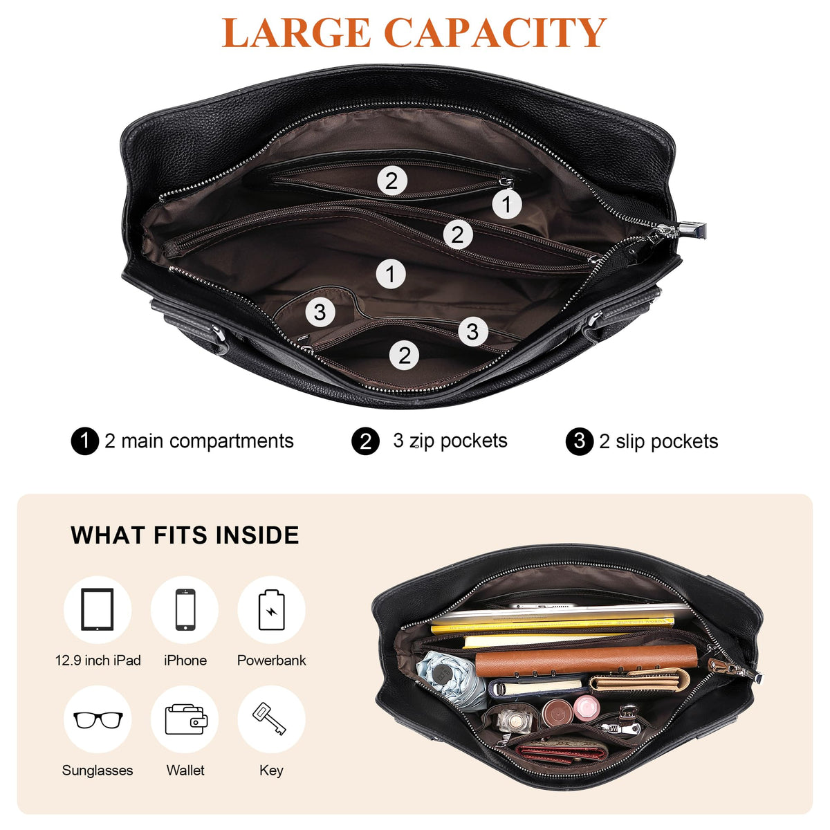 Over Earth Genuine Leather Handbags for Women Hobo Shoulder Bags Ladies Tote Bag(O172E Black)