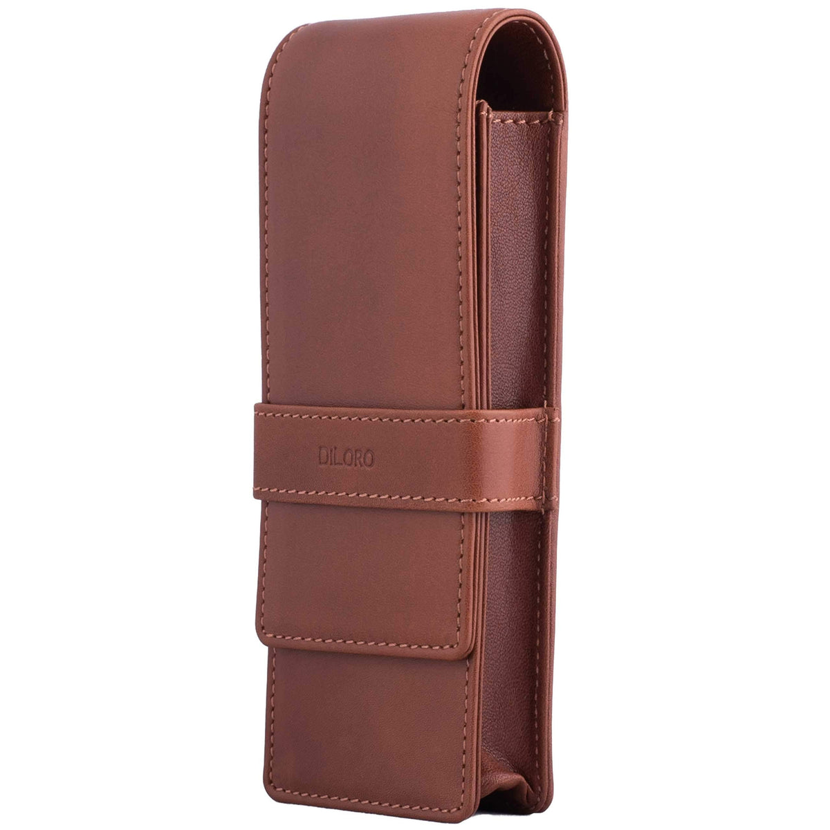 DiLoro Leather Triple Pen Case Pencil Pouch Holder for Three Fountain Ballpoint Rollerball Pens and Pencils (Bugatti Tan)