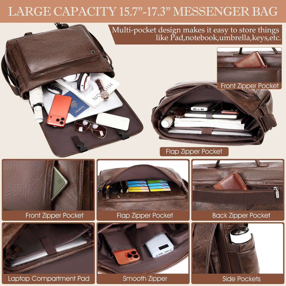 17.3 Inch Messenger Bag for Men: Laptop Bag PU Leather Work Briefcase Large Carry On Computer for Office College Travel,PU Coffee