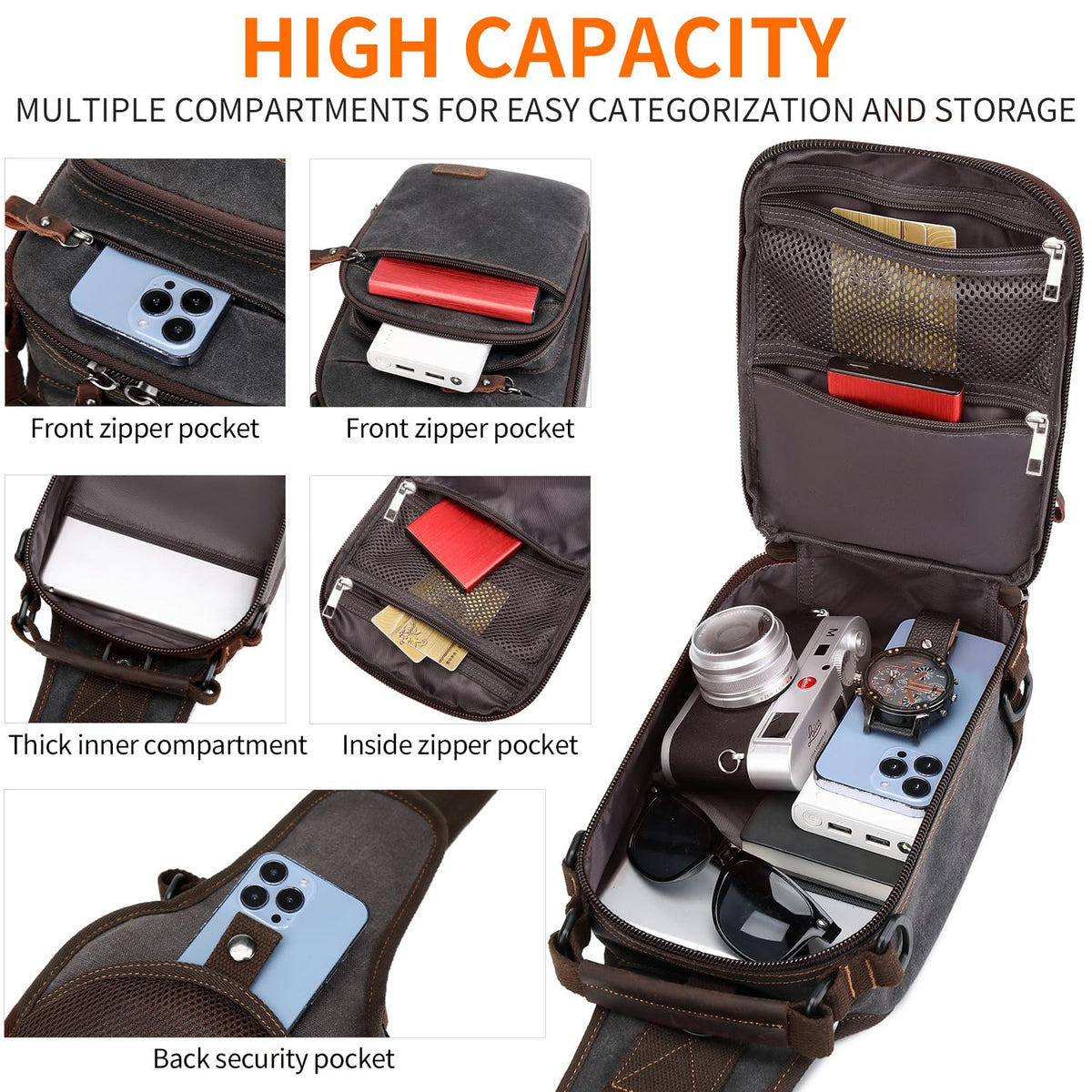 Nerlion Sling Bag for Men Waxed Canvas Crossbody Bag Chest Bag Shoulder Bag Casual Daypack for Travel (Gray)