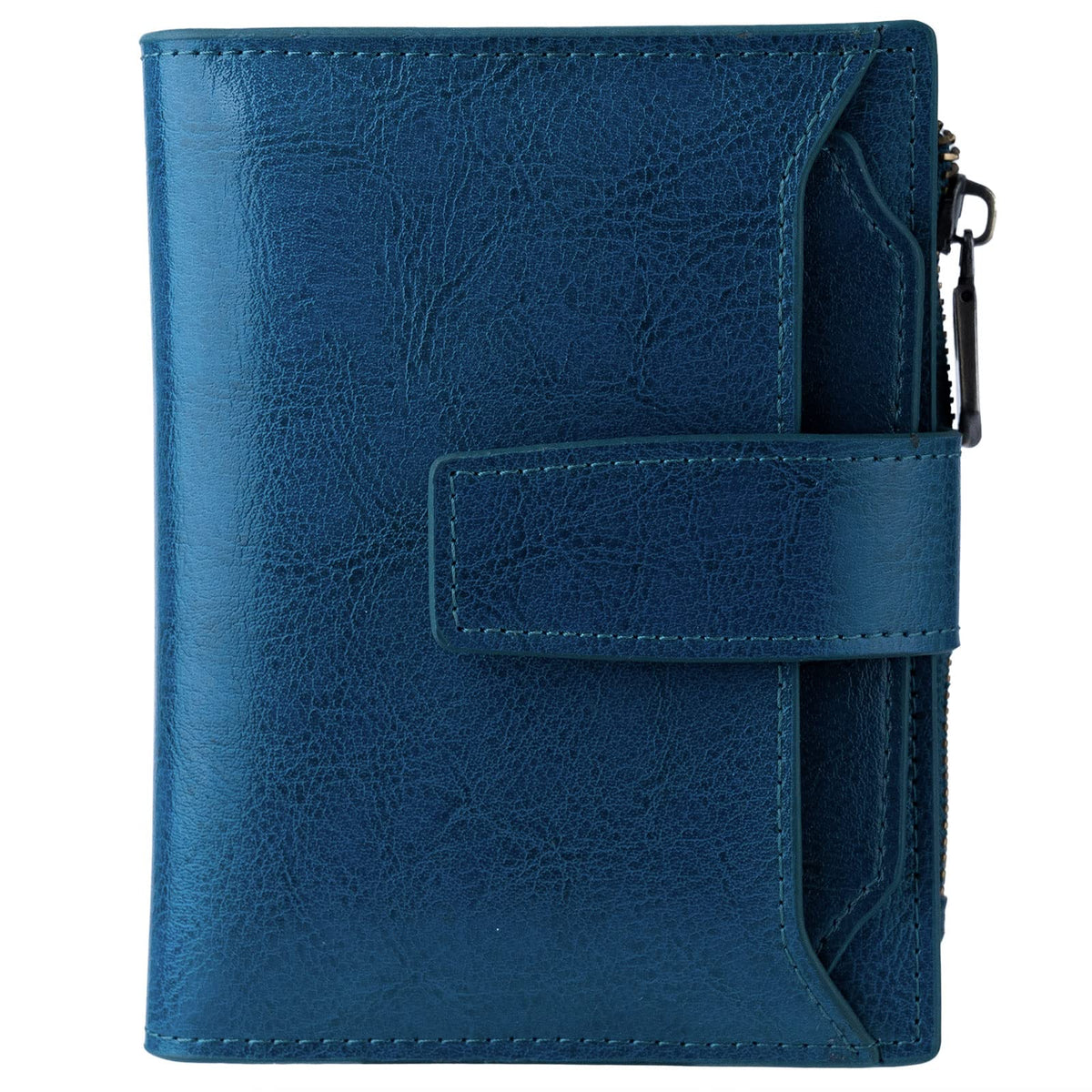 Bveyzi Women's Small Leather RFID Blocking Bifold Zipper Pocket Wallet Ladies Credit Card Slots Purse with id Window(Peacock Blue)