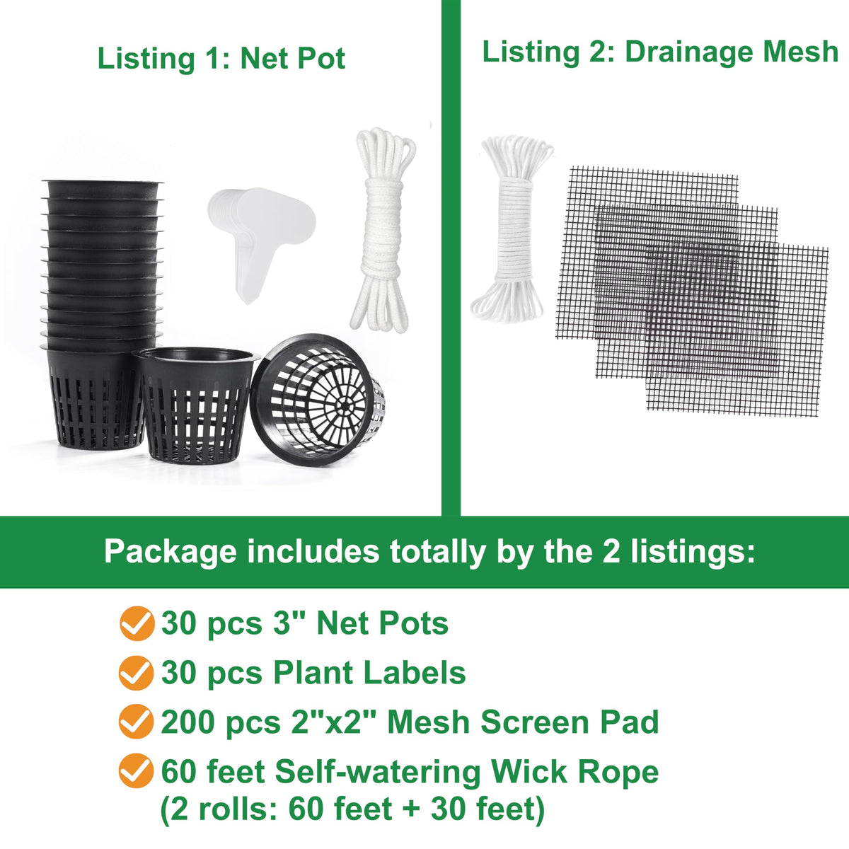 ORIMERC 30 Pack 3 inch Net Cup Pots with Self-Watering Wick Rope & Drainage Hole Mesh Screen