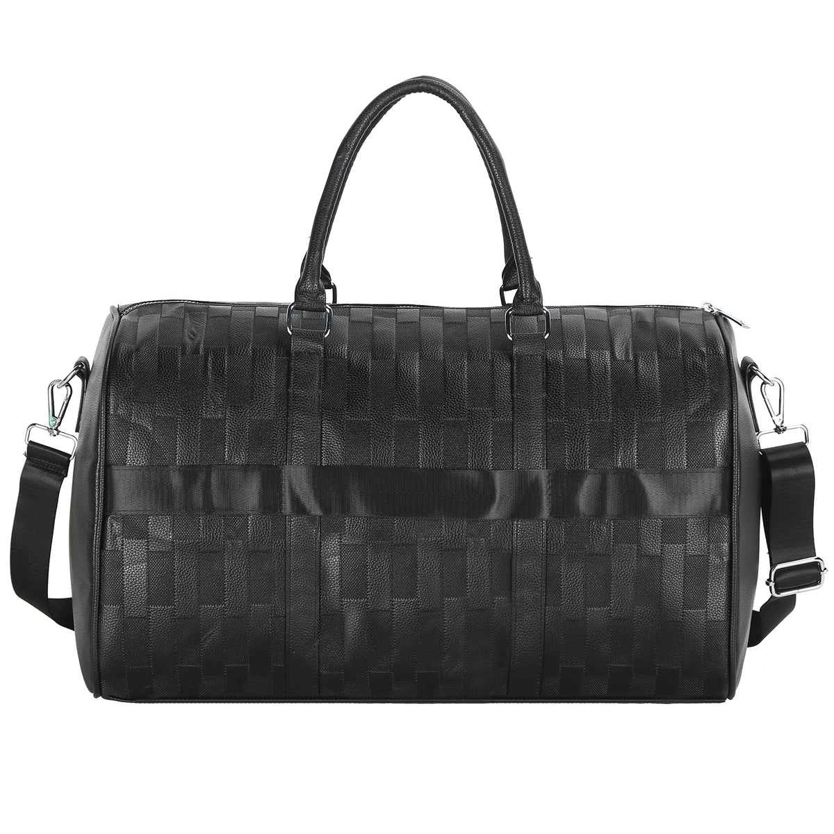 AGVOTK Luxury Black Woven Leather Weekender Duffel Bag Men Women Travel Carry-on, Large Overnight Bag with Handles & Adjustable Shoulder Strap