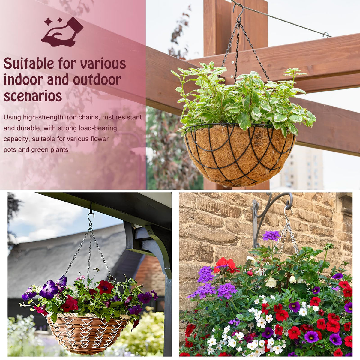 suiwotin 6pcs 16 Inch Hanging Basket Chains 3 Point, Black Chain with Hooks for Hanging Plants, Flower Pot