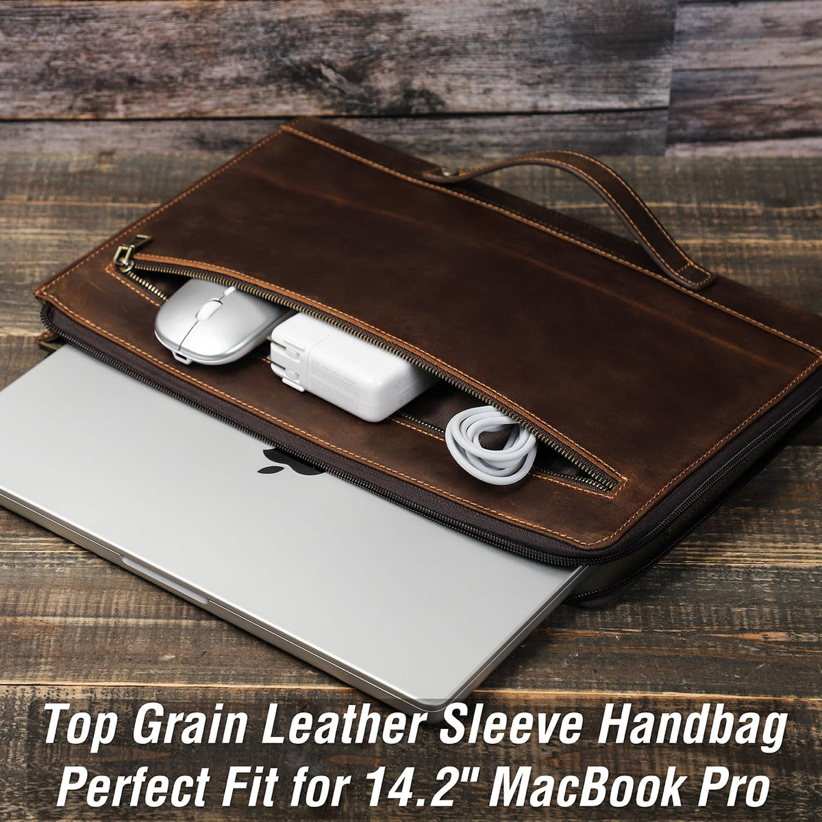CataPurus Top Grain Leather 14.2" Slim Laptop 90° Zipper Bag, Vintage Design, Handmade, Compatible with MacBook Pro/Air 14"/13.3"/13.6" 2021 2022 M1 Pro/M1 Max A2442 & Other Laptop, Coffee 14.2 Inch