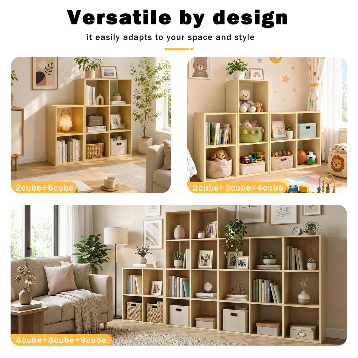 Endearing Limons【2026 Wooden Thick Border 9 Cube Shelf Storage Organizer with Anti-Tipping Kits + Reversible Open Back Bookcase (11 x 11 Unit Cell White)