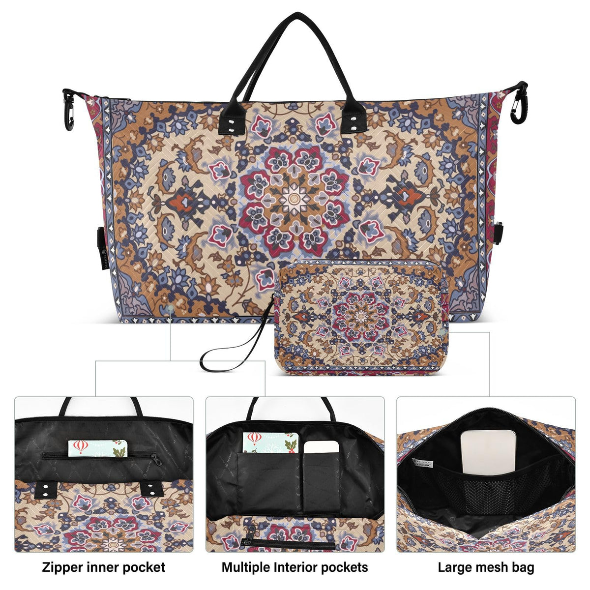 Aflyko Travel Duffel Persian Carpet Tribal Mandala Sport Tote Gym Weekender Overnight for Men Women Flight Approved Carry On Fitness Dance Go-To Daily, Medium