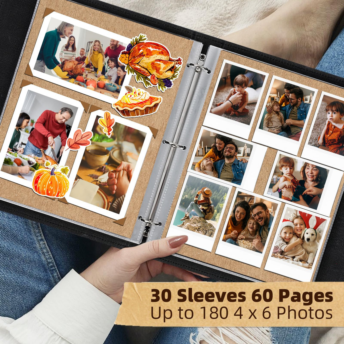 Vienrose 13x11 Inch 3 Ring DIY Scrapbook Album Gift Set, Faux Leather Cover Blank Scrapbooks Photobook with 30 Plastic Sleeves 60 Kraft Pages for Valentine Gift Wedding Family Anniversary DarkBrown
