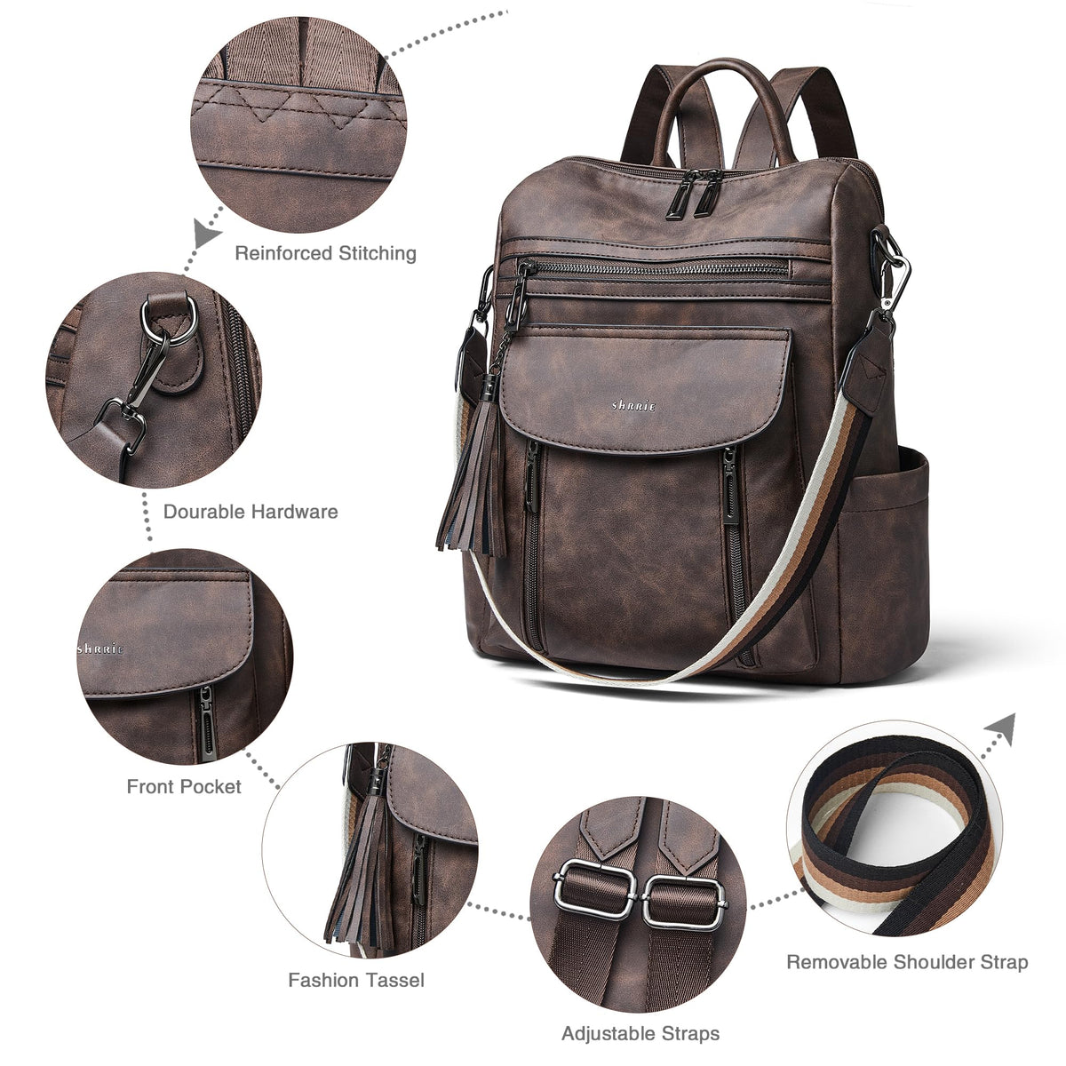 Shrrie Backpack Purse for Women Fashion Leather Backpack Purse Designer Travel Backpack Convertible Shoulder Bag with Wristlet for Work College