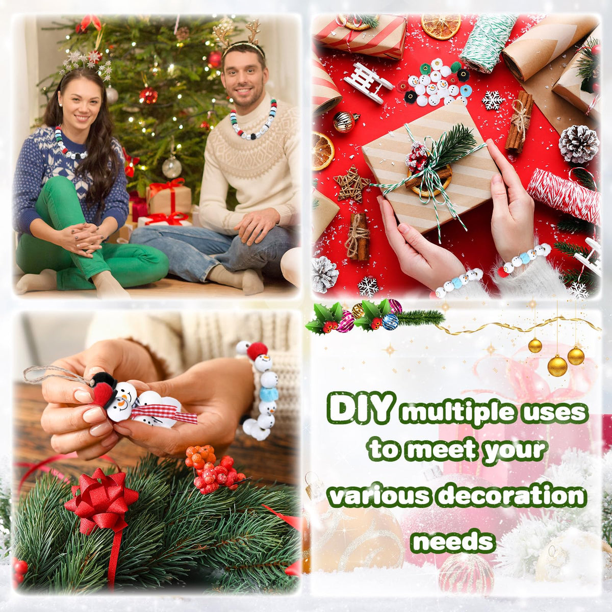 Amyhill 120 Pcs DIY Christmas Snowman Wooden Beads for Craft, Fuzzy Faux Fur Poms, Winter Wood Beads Buffalo Plaid Colorful Print with Twine, for Party Xmas Santa Tree Jewelry Home(Red Green Blue)