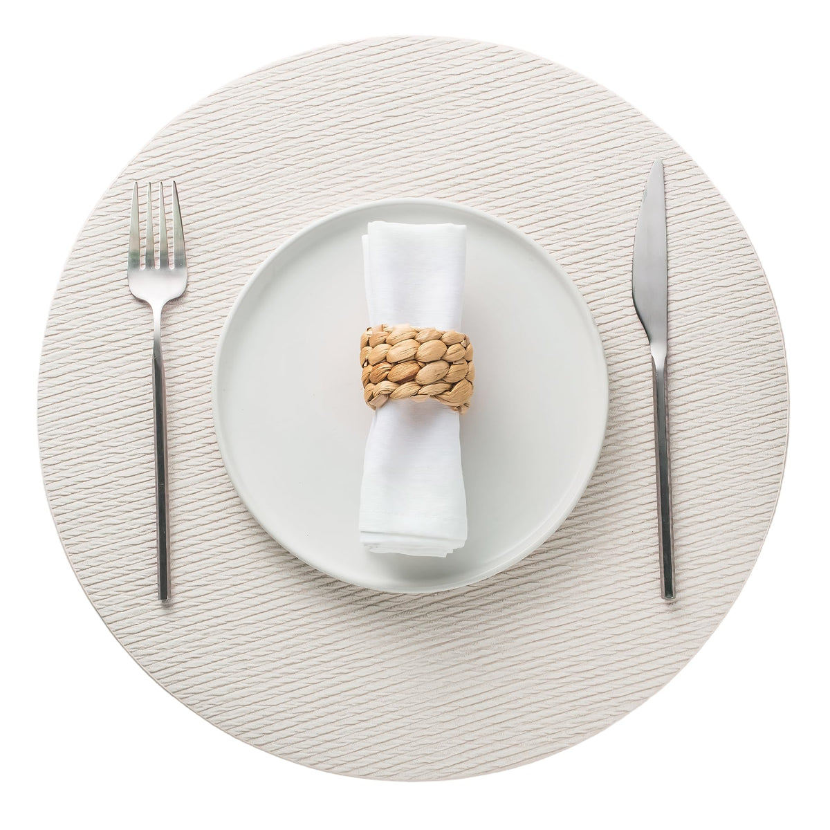 Jovono 15" Faux Leather Big Round Placemats Set of 4 - Washable Heat Resistant Non-Slip Dining Table Mats with Fabric Texture for Kitchen Home Party Decor, White