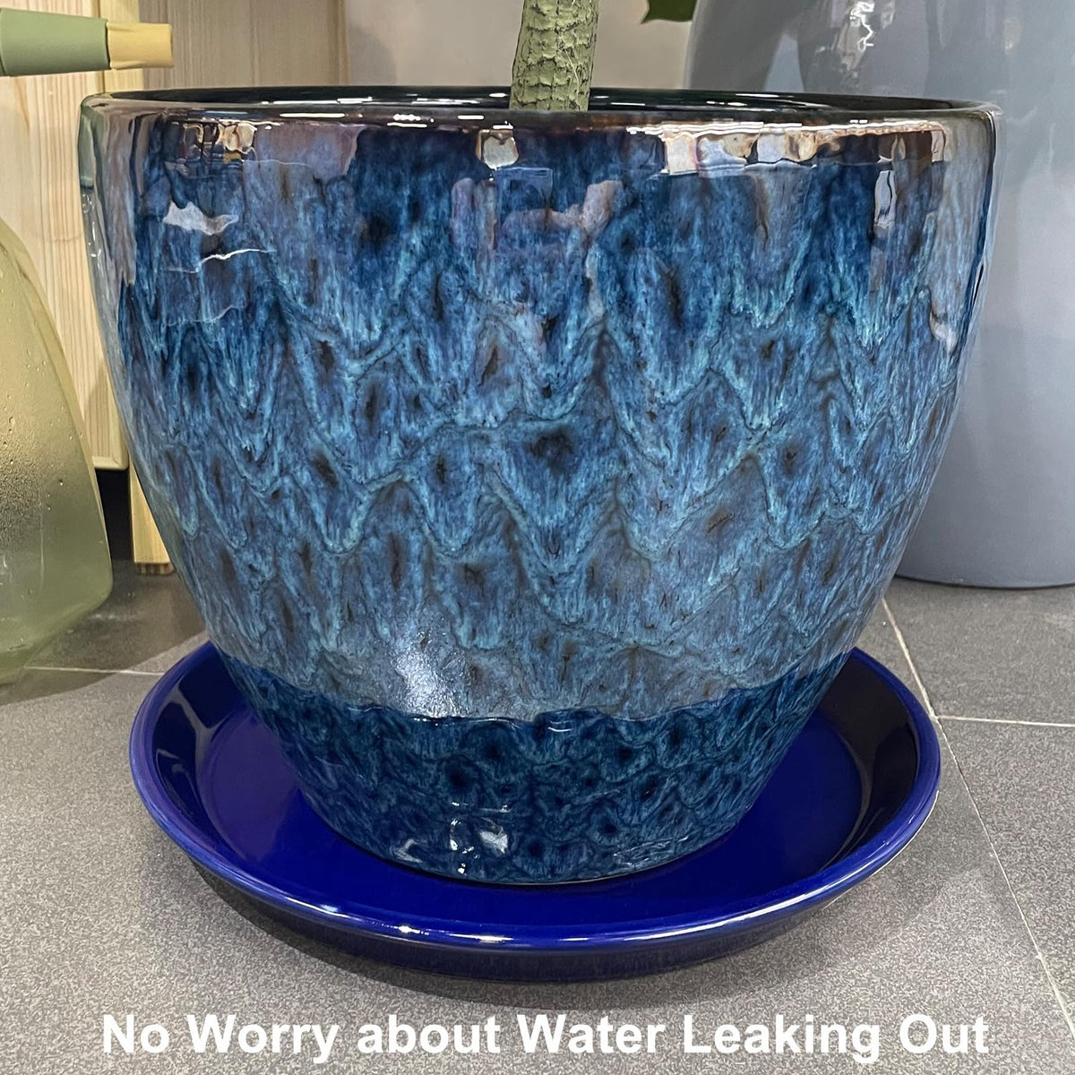EPFamily Plant Saucer for Outdoors - Ceramic Plant Saucer, 10 Inch Plant Trays for Indoors, Round Flower Pot Saucer, Large Plant Drainage Tray, Plant Plates to Catch Water Blue