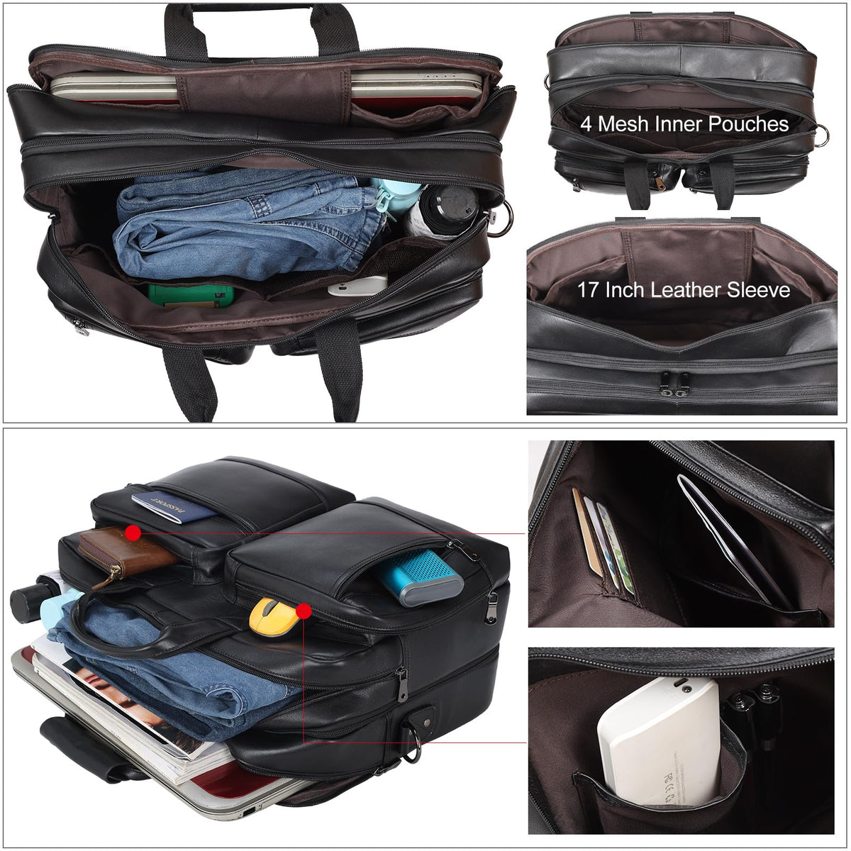 Masa Kawa Black Leather Briefcase Messenger Bag Men Expandable 17 Inch Laptop Business Travel Duffel Crossbody Shoulder Weekender Overnight Bags,Large