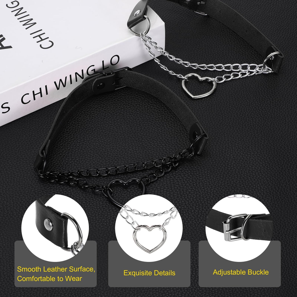 MECCANIXITY PU Leather Chokers, Love Heart Chokers Collar Necklace Gothic Punk Grunge Emo Necklace Gothic Jewelry Accessories Adjustable PU Collar for Women, Black/Silver Black, 2Pcs