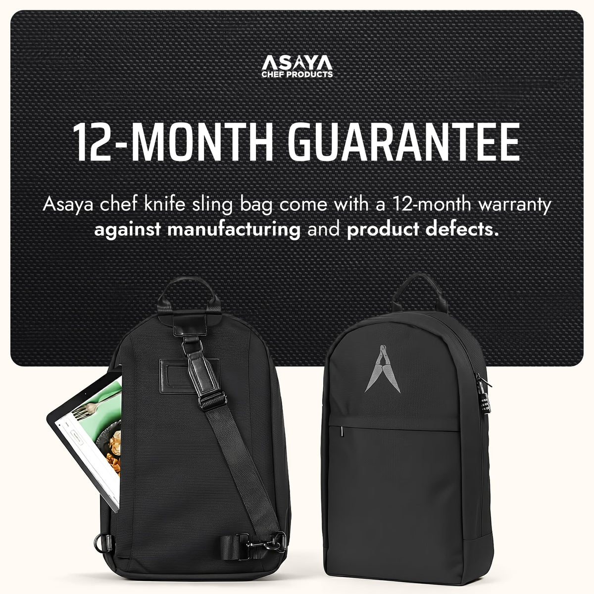 Asaya Chef Knife Sling Bag - 29 Pockets for Knives and Kitchen Utensils - Business Card Holder and Lock - Water Resistant and Durable Ballistic Nylon Backpack for Chefs