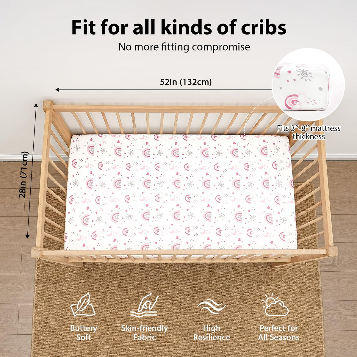 FIEMOL Baby Crib Sheets Girl, 3 Pack Toddler Bed Sheets Fitted for 52”x28” Standard Crib and Toddler Mattresses, Super Soft Microfiber Pink Rainbow