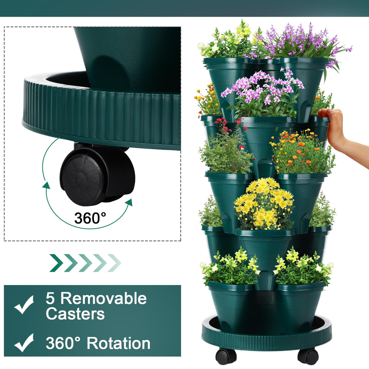 Umigy 2 Set 5 Tier Stackable Planters Vertical Garden Planters for Strawberry Herb Flower and Vegetable Indoor Outdoor Gardening Pots with Removable Wheels and Bottom(Dark Green)