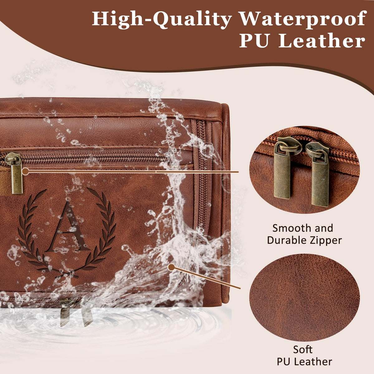 Aganmi Personalized Toiletry Bag Fathers Day Birthday Gifts for Men Dad Husband, Laser-Engraved Initial Waterproof PU Leather Toiletry Organizer Dopp Kit Shaving Bag Travel Essential Reddish Brown J
