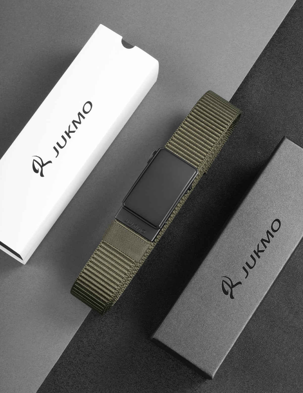 JUKMO Men's 1.5" Nylon Ratchet Belt, Casual Web Click Tactical Belt with Slide Buckle for Jeans, No Holes Adjustable Trim to Fit(Army Green,Small)
