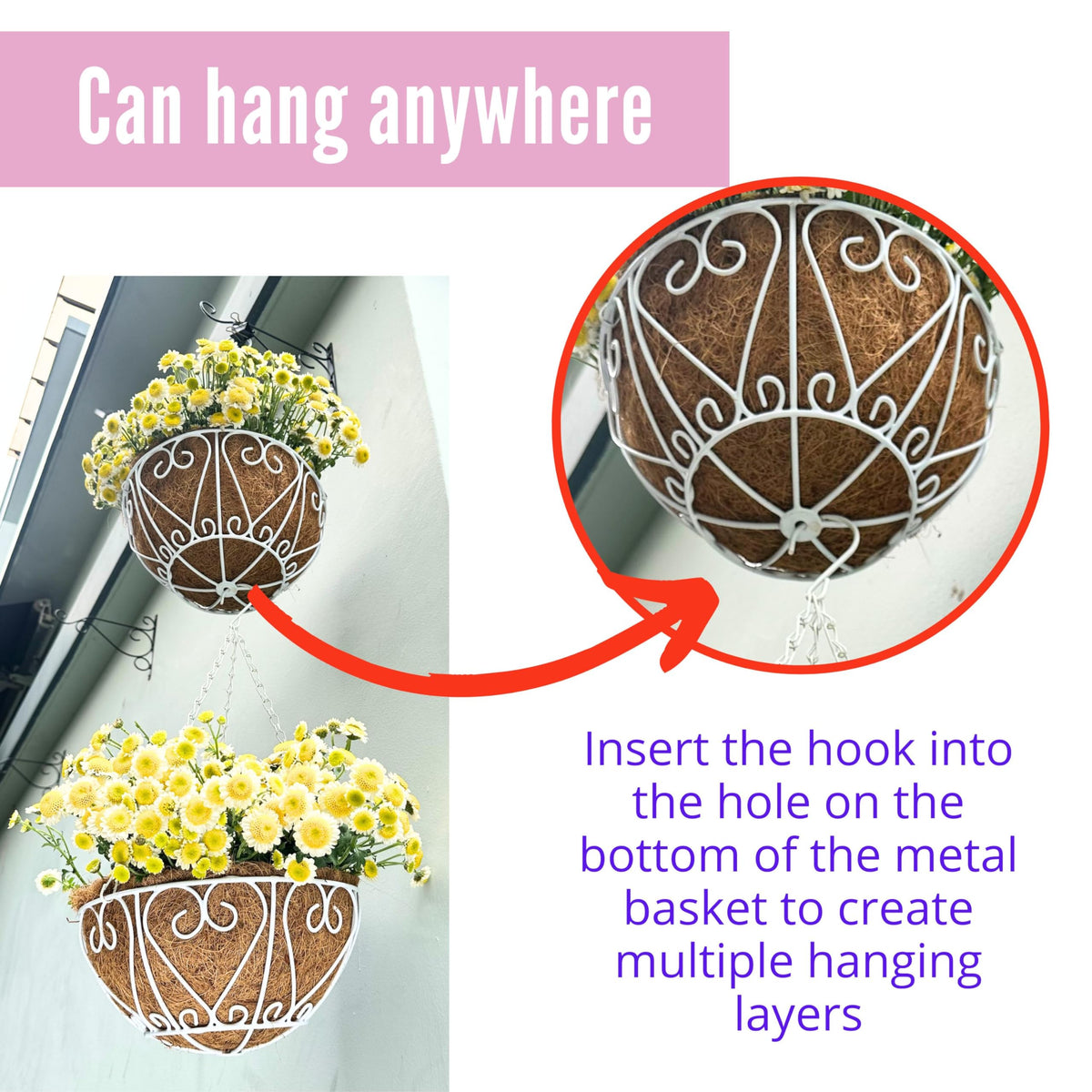 LaLaGreen Hanging Baskets for Plants (2 Pack, 12 Inch) Hanging Flower Pots with Coco Liner, White Metal Wire Round Basket Plant Holder with Hanger Hook Chain Outdoor Deck Patio Balcony Garden Decor