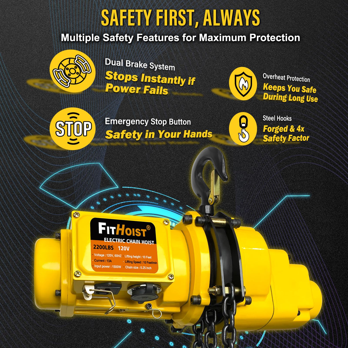 FITHOIST Electric Chain Hoist 1 Ton, 2200 lbs Capacity, 10 ft Lift Height, 1500W Motor, G80 Chain, 20 ft Wired Remote with Emergency Stop, 120V Hoist Lift for Garage, Workshop, Farm