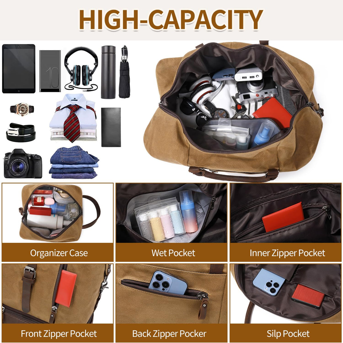 FENGDONG Weekender Bag Large Overnight Bag for Men Women Tote with Shoe Compartment Canvas Carry on Luggage Bag Travel Duffel Bag Brown