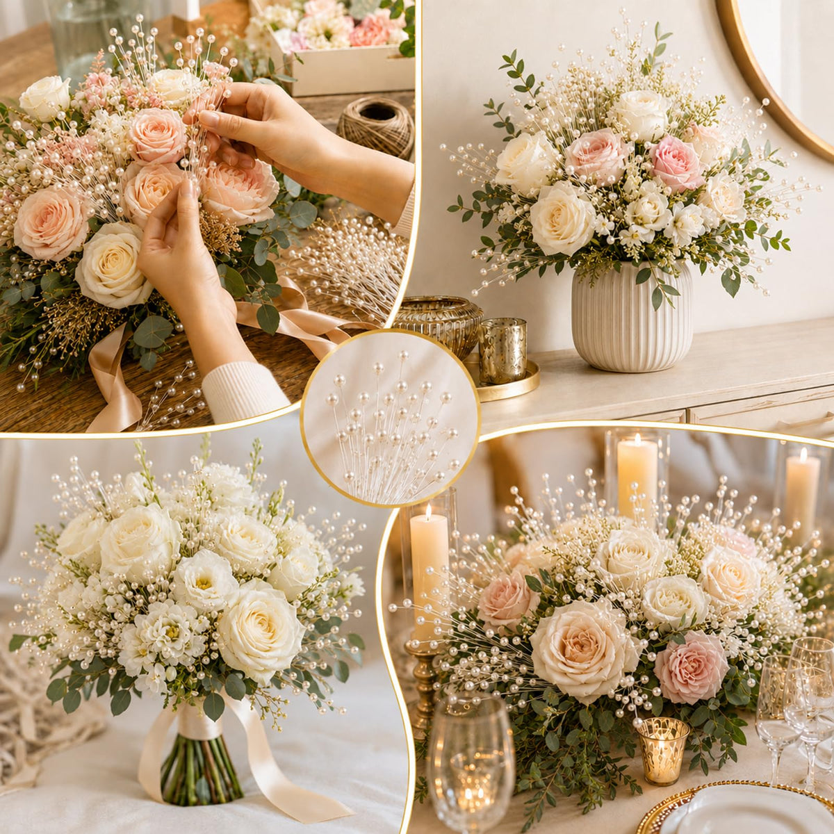 60 Pieces Pearl Stick Stems Bouquets, 4mm Bead String Garland Beaded Spray Filler Floral Arrangements Tree Picks Wedding Party Decoration, Mother's Day Flower Decor, Christmas Tree Picks (Ivory)