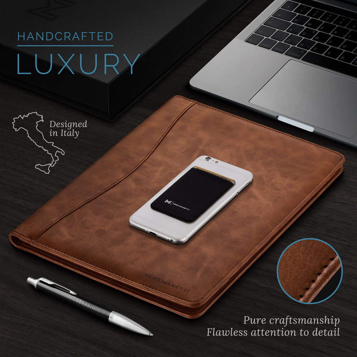 Nero Manetti - Leather Portfolio Folder - Business PU Leather Notepad Holder for Resumes, Legal Pad Executive Binder, Professional Padfolio Notebook for Women/Men (Brown)