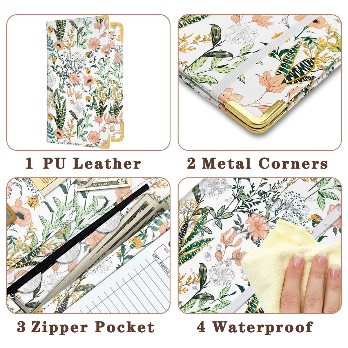 YeeCASE 2Pack Flower Server Book for Waitress with Money Pocket and Zipper Pouch, Fits Waitress Apron, Waitress Accessories, Receipt Holder with High Volume Pocket (Flower-Grass)