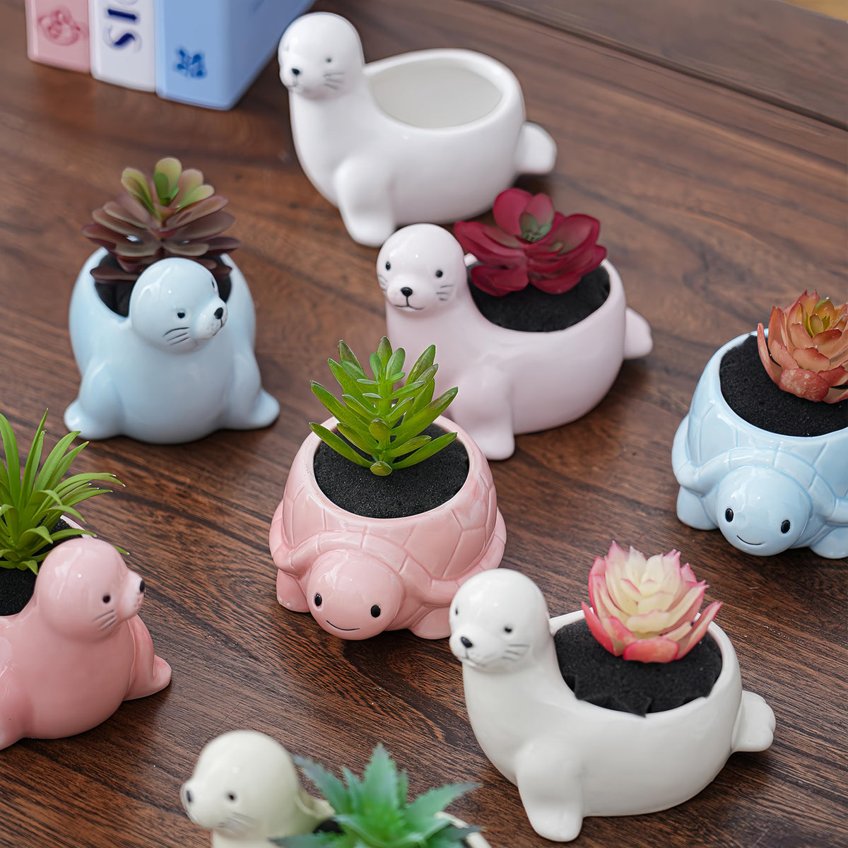 SJBAG Turtle Shaped Ceramic Succulent Planter with Drainage Holes, Hand - Painted Animal Pot for Indoor Cactus & Succulents, Unique Home Decor & Gift (4.3" Blue)