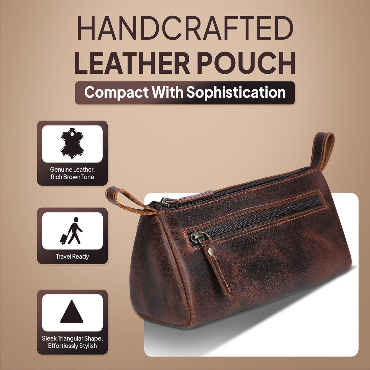 TheAntiq Leather Makeup Bag for Women – Genuine Leather Cosmetic Bag Travel, Handmade Zippered Makeup Pouch, Small Toiletry Bag, Shaving Kit & Stationery Organizer- Brown