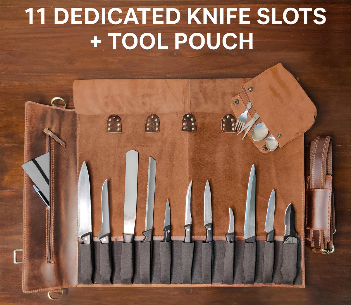 RUSTIC TOWN Leather Knife Roll Storage Bag | Elastic and Expandable 11 Pockets with Tool Pouch | Adjustable/Detachable Shoulder Strap | Travel-Friendly Chef Knife Case Roll (Walnut Brown)