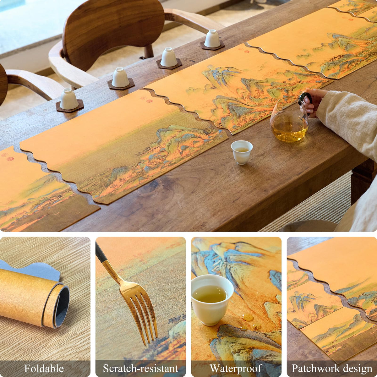 HONGSAM Iqipa Decorative Faux Leather Table Runner for Dining Table Coffee Table Decor Runner Waterproof Leather Faux Leather Easy Clean Placemats Set of 4 and Coasters of 6 Table Decor Protector