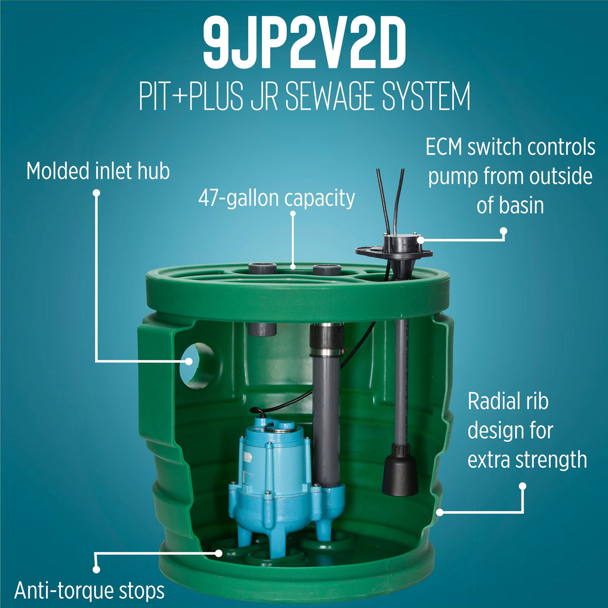 Little Giant 9JP2V2D Pit Plus JR Sewage Basin System with 115-Volt, 4/10 HP, 6000 GPH 9SC-CIM Sewage Pump, ECM Switch with 20-Ft. Cord, 2-inch Vent, 2-inch Discharge, Green/Blue/Black, 509687