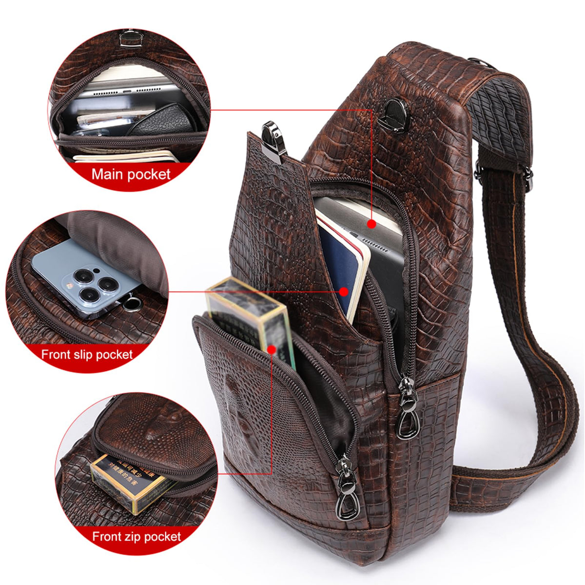 NIUCUNZH Crocodile Pattern Leather Sling Bag with Leather Strap, Zipper Crossbody Shoulder Bags Purse for Travel Hiking Brown