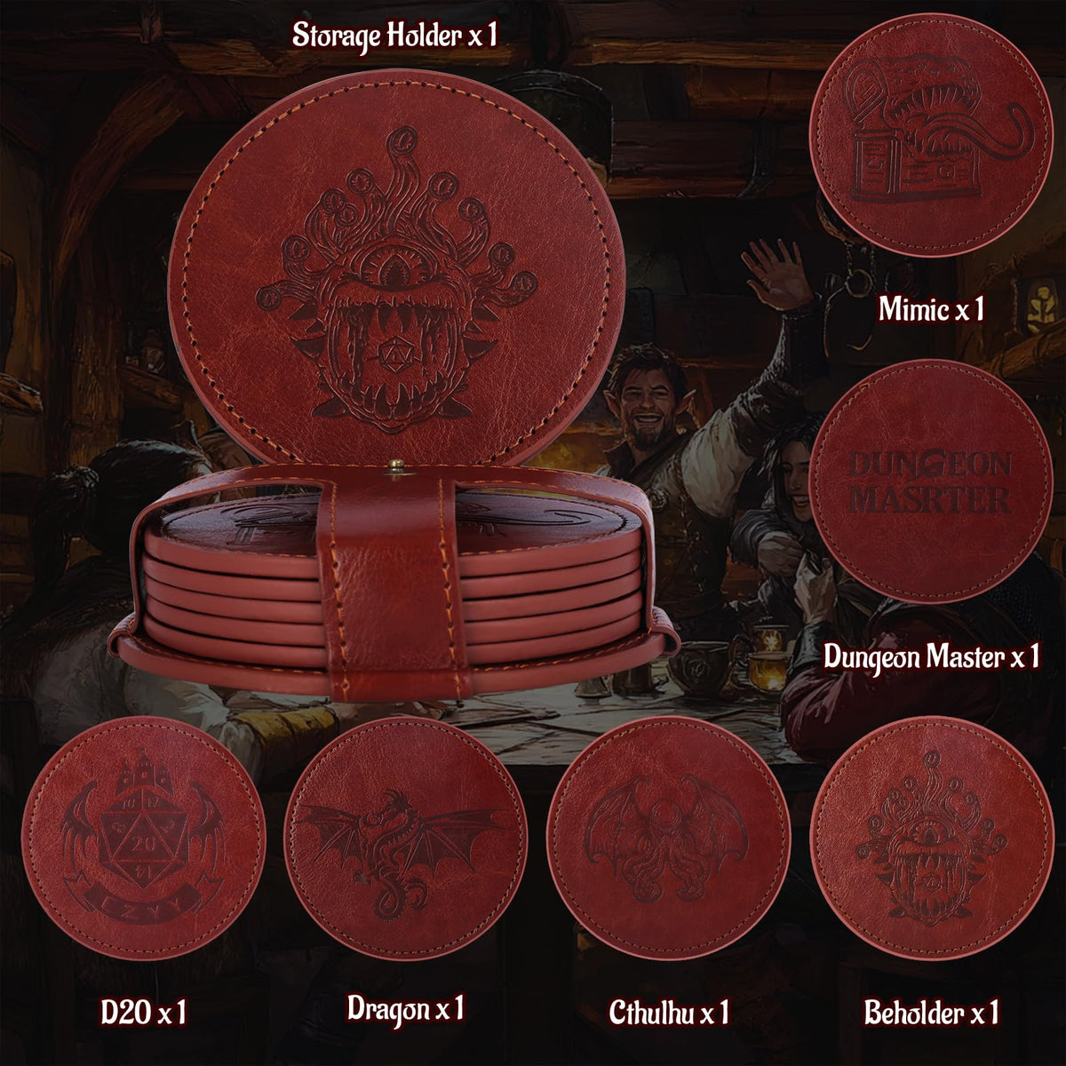 CZYY DND Coaster Set, Set of 6 Faux Leather Coasters with Storage Holder, Embossed with Dragon, Beholder, Mimic, Cthulhu, D20 & Dungeon Master, DND Inspired Gift for DM & Gamer