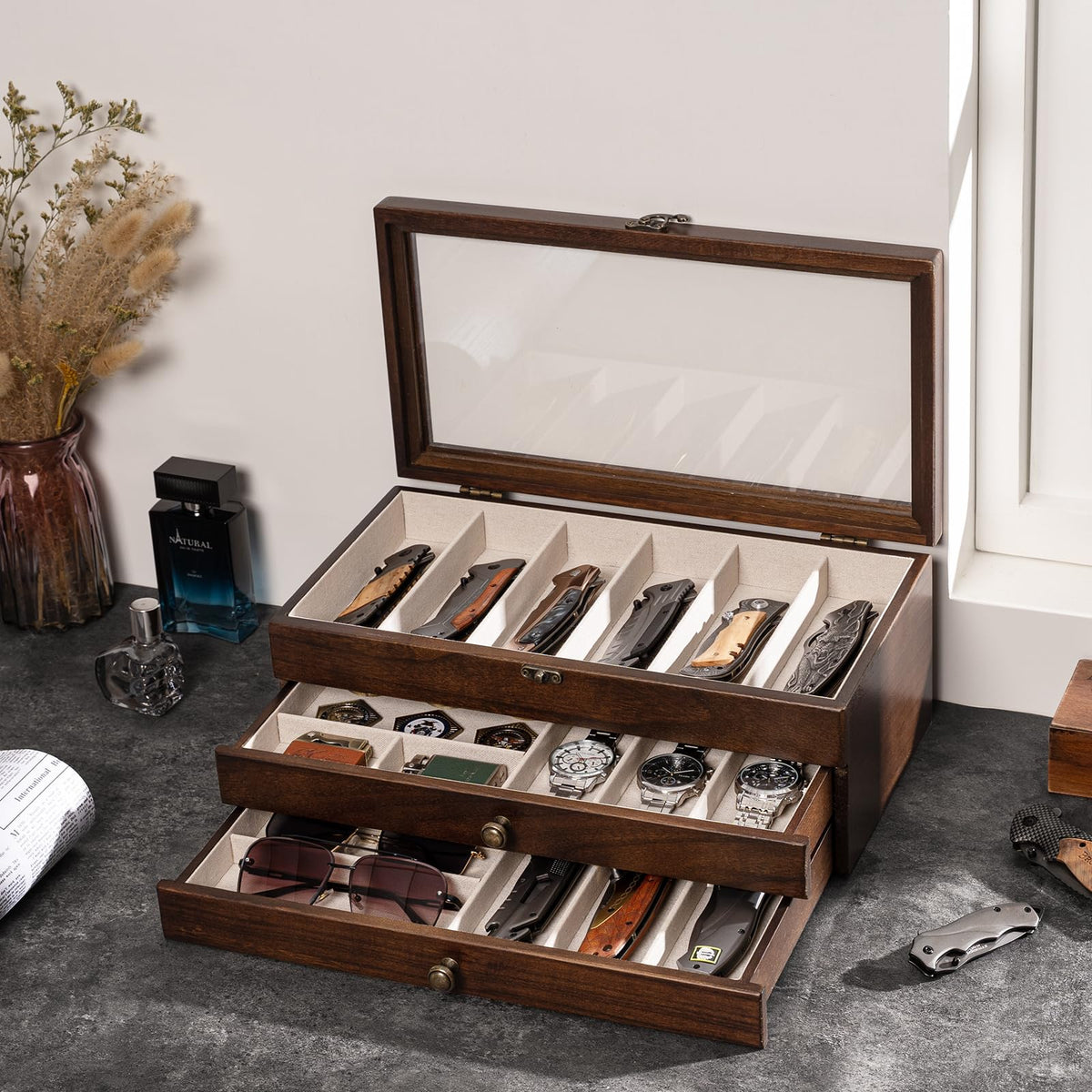 Yoimori Knives Display Box, 3-Layer Pocket Knives Box Display & Storage Knives, Solid Wood Knives Box for Collections, Gift for Boyfriend Fathers Day Birthday Gifts(Walnut)