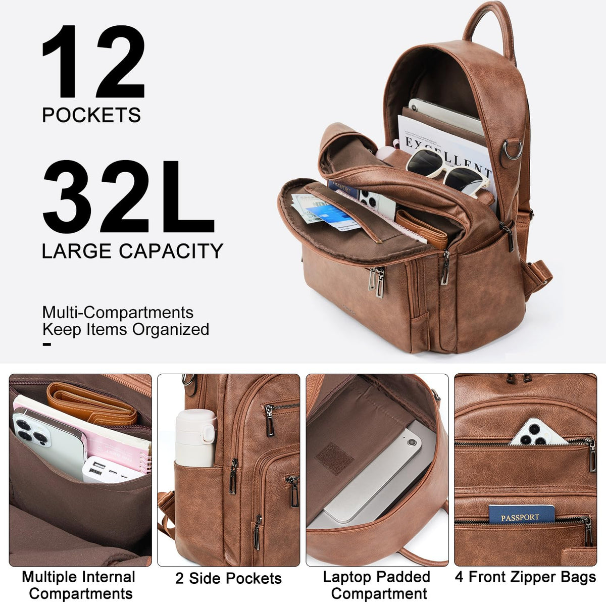 LATMAP Backpack Purse for Women Laptop Backpack, Leather Travel Backpack Shoulder Bag Teacher College Daypack Work Handbag fits 14" Laptop-Brown