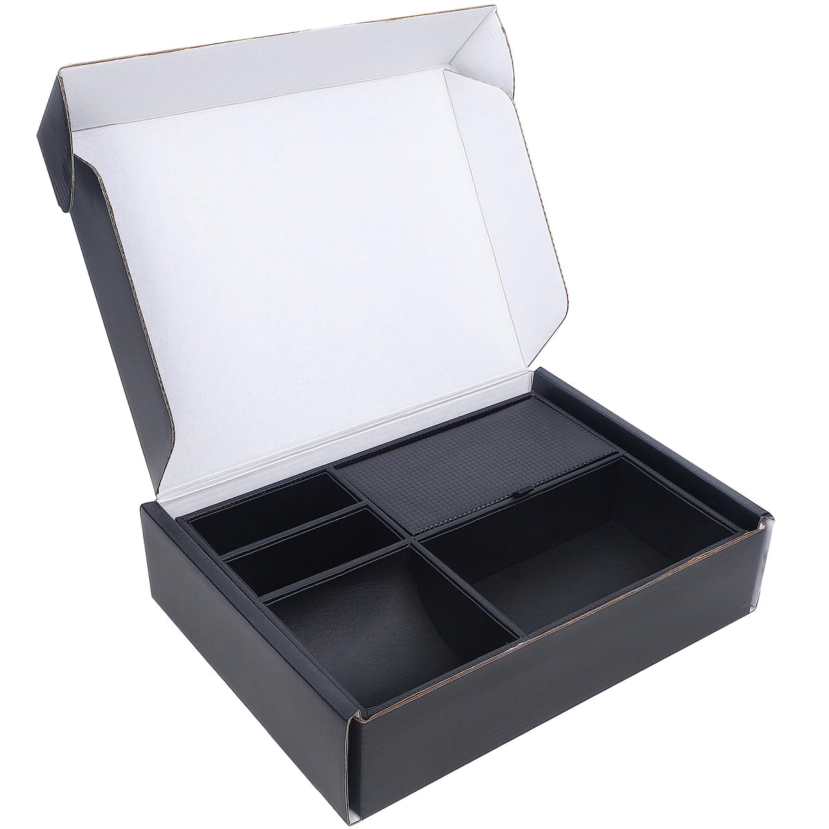 Zcaukya Men's Valet Tray, Jewelry Box Nightstand Organizer with 5 Compartments for Phone Keys Wallet Watch Glasses, Faux Leather Dresser Entryway Catchall Holder for Father's Day Gift (Black)