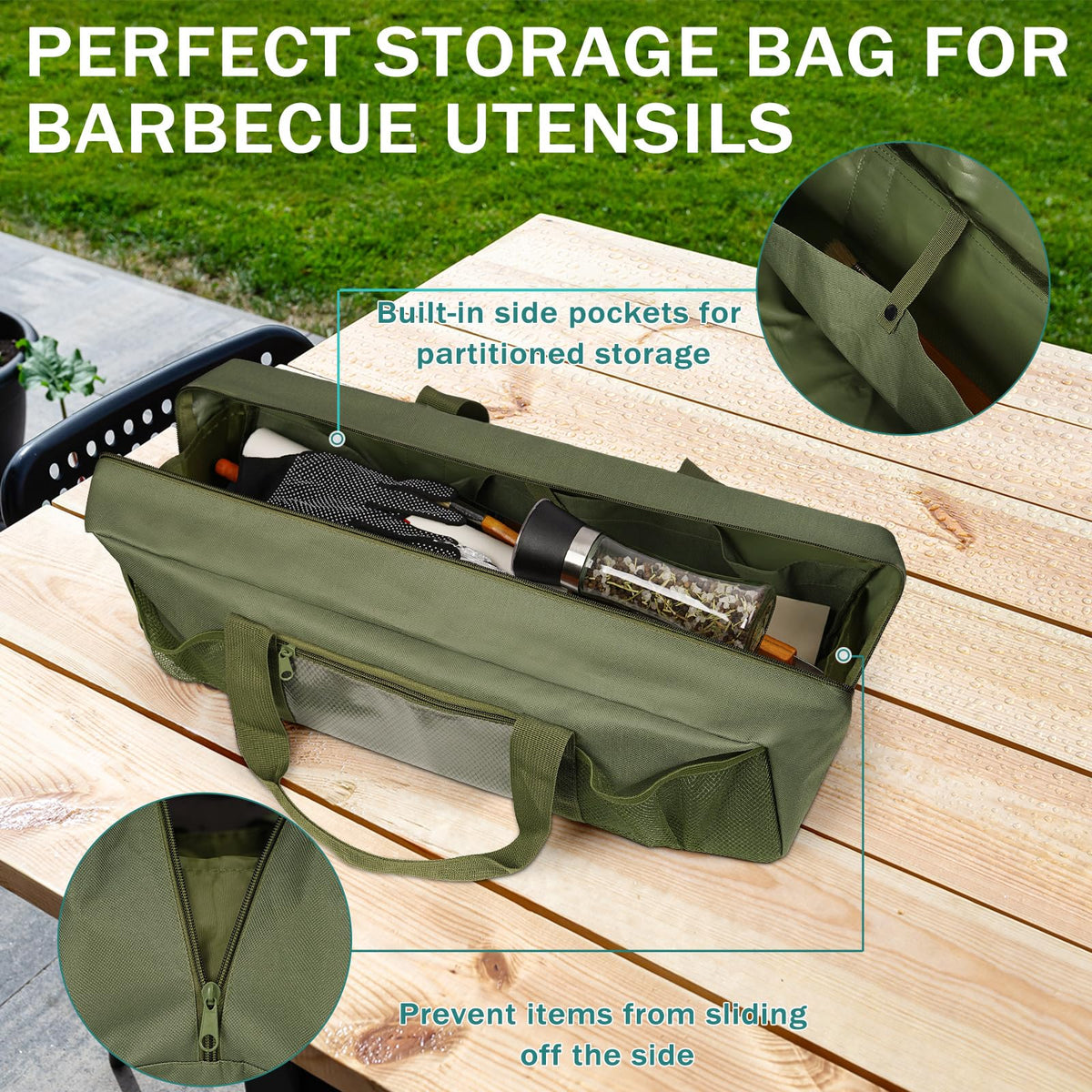 Frjjthchy Grill Tool Storage Bag, Large Grill Utensil Storage Caddy with Pockets, Portable Grill Accessory Storage Bag for Outdoor Camping & BBQ (Green)