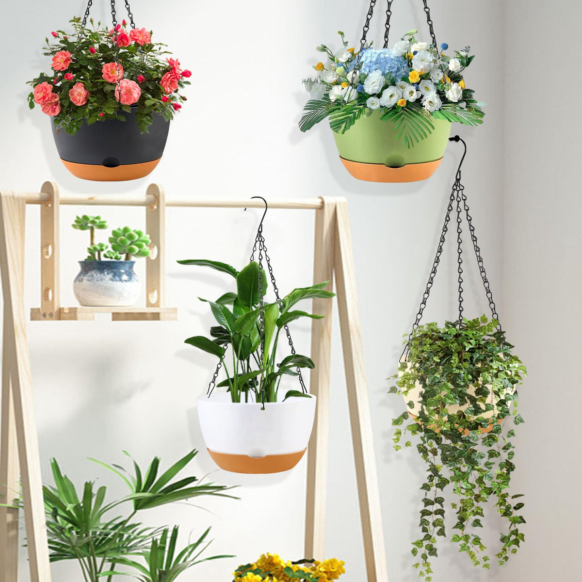KPUVX 4 Pack Plastic Hanging planters for Indoor Plants,8 Inch Plant Pot Indoor Outdoor Hanging Baskets,Hanging Flower Pots with Drainage Holes and Chain for Garden Porch Plants (Green)