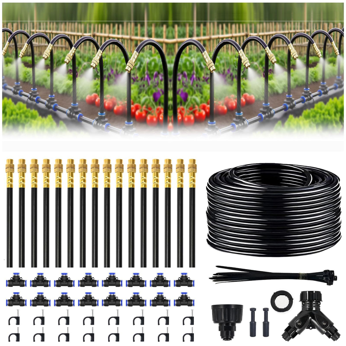 100FT Drip Irrigation System, 1/4 Inch Hose with 360° Adjustable Copper Nozzles – Garden Watering Kit for Lawn, Raised Beds, Greenhouse & Yard
