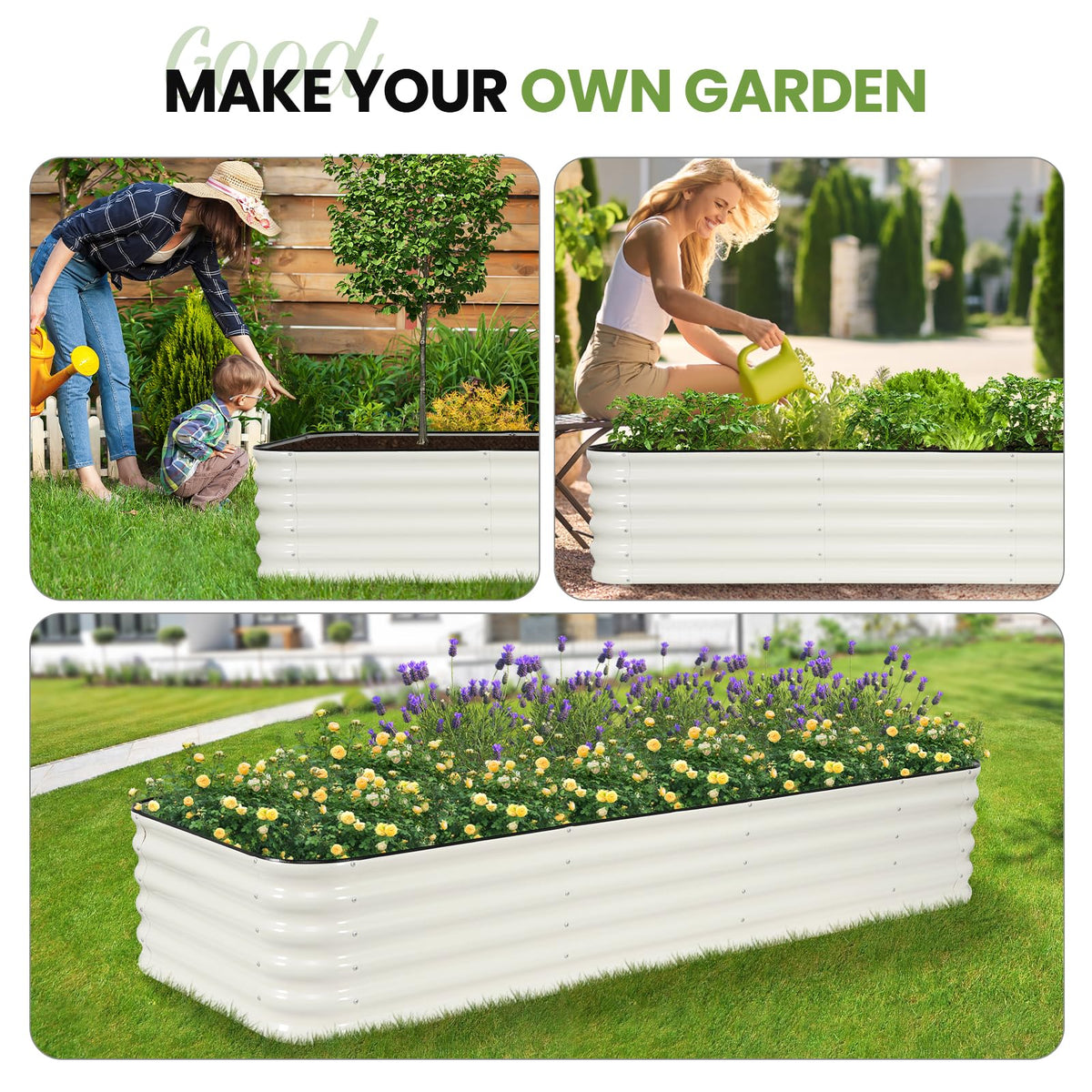 G GOOD GAIN Raised Garden Bed Kit - 5-in-1 Adjustable Galvanized Metal Planter Box with Protective Tape & Gloves & Tools | 8x3x1.4ft Outdoor Raised Bed for Gardening Vegetables, Flowers, Herbs, Green